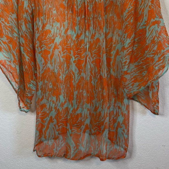 Jet Set 100% Silk Blue Orange V Neck Sheer Dramatic Sleeve Cover Up Top Boho SML - Picture 8 of 11